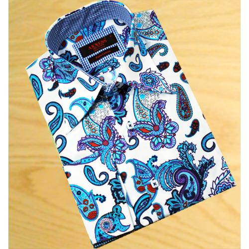 Axxess White With Turquoise / Purple / Red Paisley 100% Cotton Dress Shirt 04-01